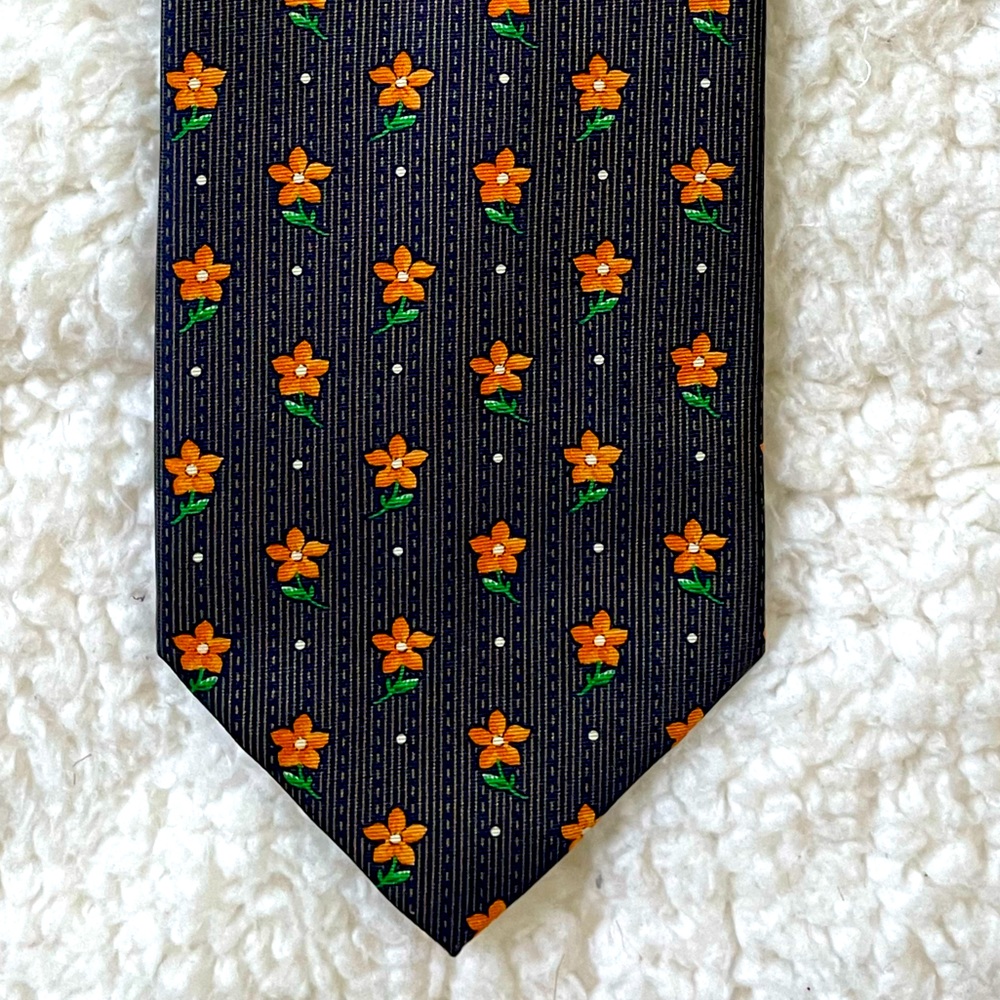Giannini Couture Silk Luxury Tie Navy Blue with Sweet Tangerine Orange Flowers